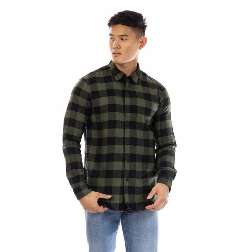 Peter Werth Mens Brodie Checked Collared Long-Sleeved Shirt / Green/Black